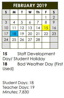 District School Academic Calendar for Long Middle School for February 2019