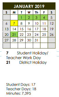 District School Academic Calendar for Pre-k Ctr II for January 2019