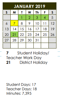 District School Academic Calendar for Creekview High School for January 2019