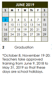 District School Academic Calendar for Pre-k Ctr II for June 2019