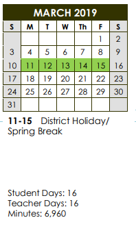 District School Academic Calendar for Kelly Pre-kindergarten Center for March 2019