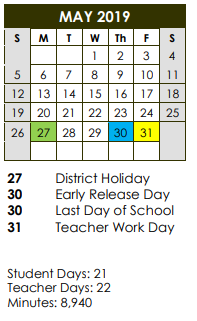 District School Academic Calendar for Dallas County Jjaep for May 2019