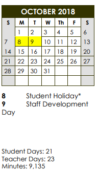 District School Academic Calendar for Long Middle School for October 2018