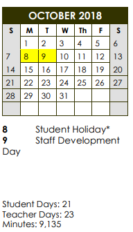 District School Academic Calendar for Sheffield Primary for October 2018