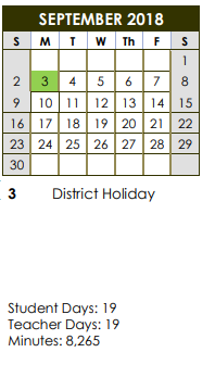 District School Academic Calendar for Riverchase Elementary for September 2018