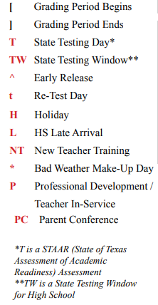 District School Academic Calendar Legend for Armand Bayou Elementary