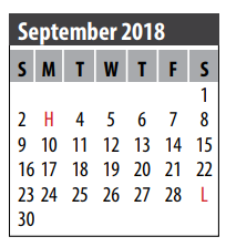 District School Academic Calendar for Clear Lake H S for September 2018