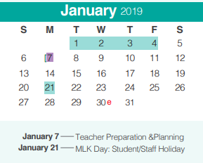 District School Academic Calendar for Memorial High School for January 2019