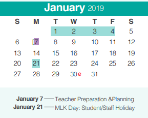 District School Academic Calendar for Bill Brown Elementary School for January 2019