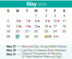 District School Academic Calendar for Memorial High School for May 2019