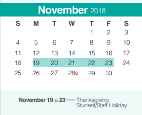 District School Academic Calendar for Bill Brown Elementary School for November 2018