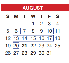 District School Academic Calendar for Tarrant Co J J A E P for August 2018