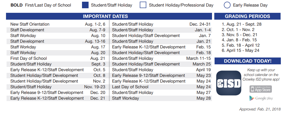 District School Academic Calendar Key for Tarrant Co J J A E P