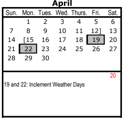 District School Academic Calendar for H W Lang Middle School for April 2019