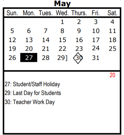 District School Academic Calendar for J L Long Middle for May 2019