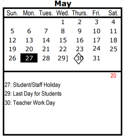 District School Academic Calendar for W T White H S for May 2019