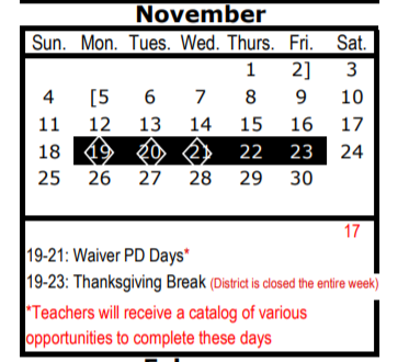 District School Academic Calendar for John F Kennedy L C for November 2018