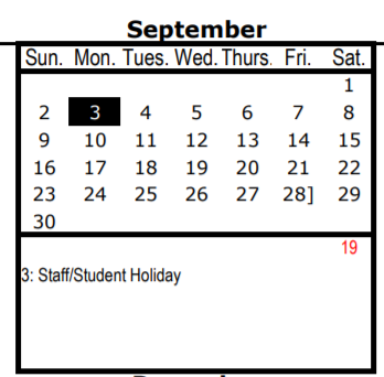 District School Academic Calendar for L V Stockard Middle for September 2018