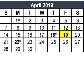 District School Academic Calendar for Weldon Hafley Development Center for April 2019