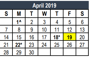 District School Academic Calendar for Prairie Vista Middle School for April 2019