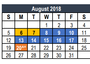 District School Academic Calendar for Weldon Hafley Development Center for August 2018