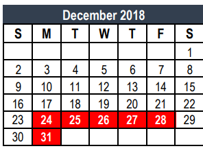 District School Academic Calendar for Weldon Hafley Development Center for December 2018