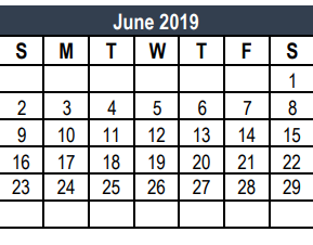 District School Academic Calendar for Weldon Hafley Development Center for June 2019