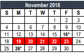 District School Academic Calendar for Tarrant Co J J A E P for November 2018