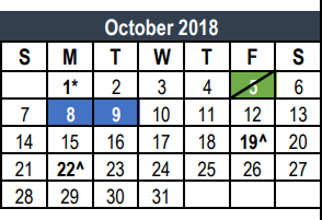 District School Academic Calendar for Watson Learning Center for October 2018