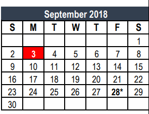 District School Academic Calendar for Tarrant Co J J A E P for September 2018