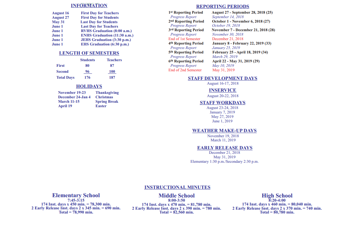 District School Academic Calendar Key for J J A E P