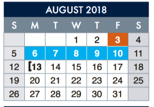 District School Academic Calendar for Occupational Ctr for August 2018