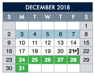 District School Academic Calendar for Silva Health Magnet for December 2018