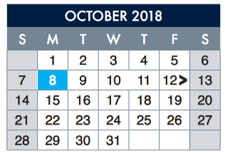 District School Academic Calendar for School-age Parent Ctr for October 2018