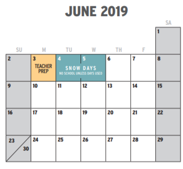 District School Academic Calendar for Assessment Ctr for June 2019