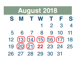 District School Academic Calendar for James B Havard Elementary for August 2018