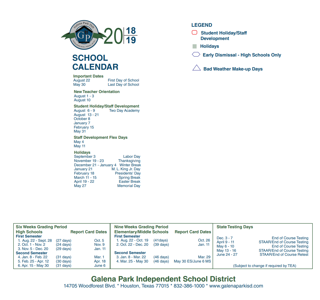 District School Academic Calendar Key for Galena Park Elementary