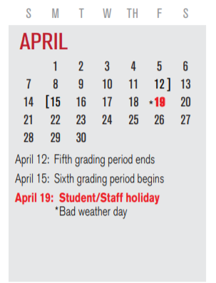 District School Academic Calendar for Williams Elementary for April 2019