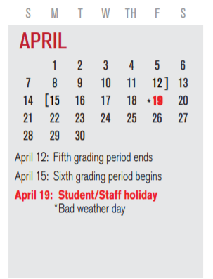 District School Academic Calendar for P I P for April 2019