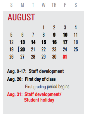 District School Academic Calendar for Sam Houston Middle for August 2018