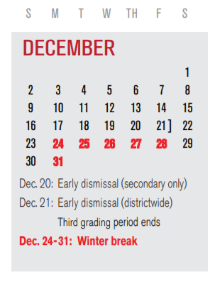 District School Academic Calendar for Rowlett Elementary for December 2018