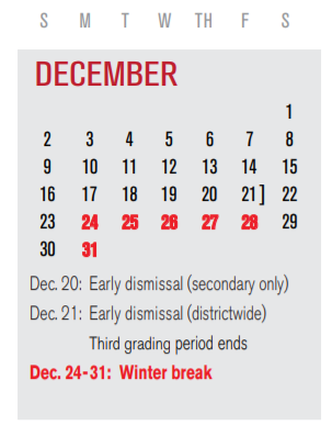 District School Academic Calendar for Parsons Pre-k Ctr for December 2018