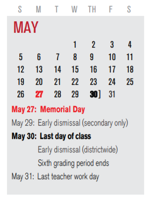 District School Academic Calendar for P I P for May 2019