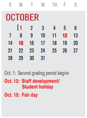 District School Academic Calendar for Gisd Alternative School for October 2018