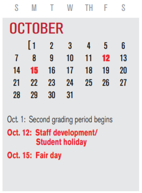 District School Academic Calendar for P I P for October 2018