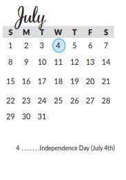 District School Academic Calendar for Excel Academy (murworth) for July 2018