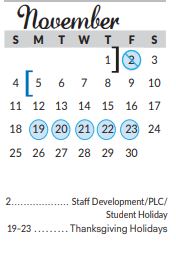 District School Academic Calendar for Excel Academy (murworth) for November 2018