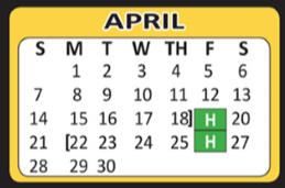District School Academic Calendar for Jewel C Wietzel Center for April 2019