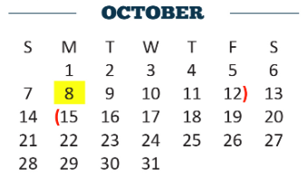 District School Academic Calendar for Moises Vela Middle School for October 2018