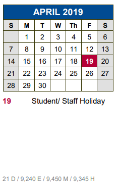 District School Academic Calendar for Hays Co Juvenile Justice Alt Ed Pr for April 2019